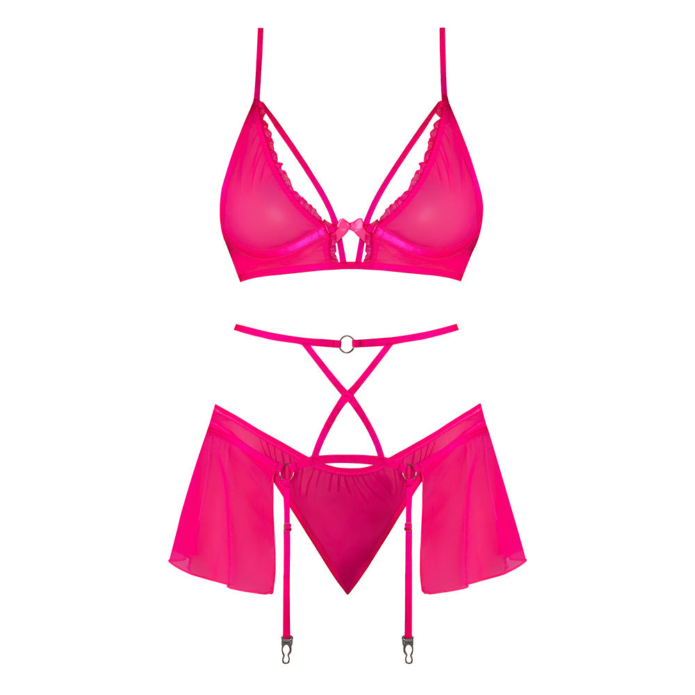 Magic Silk Pink Kink Bralette, High Leg Panty & Garter Skirt Set Pink Glow S/M
