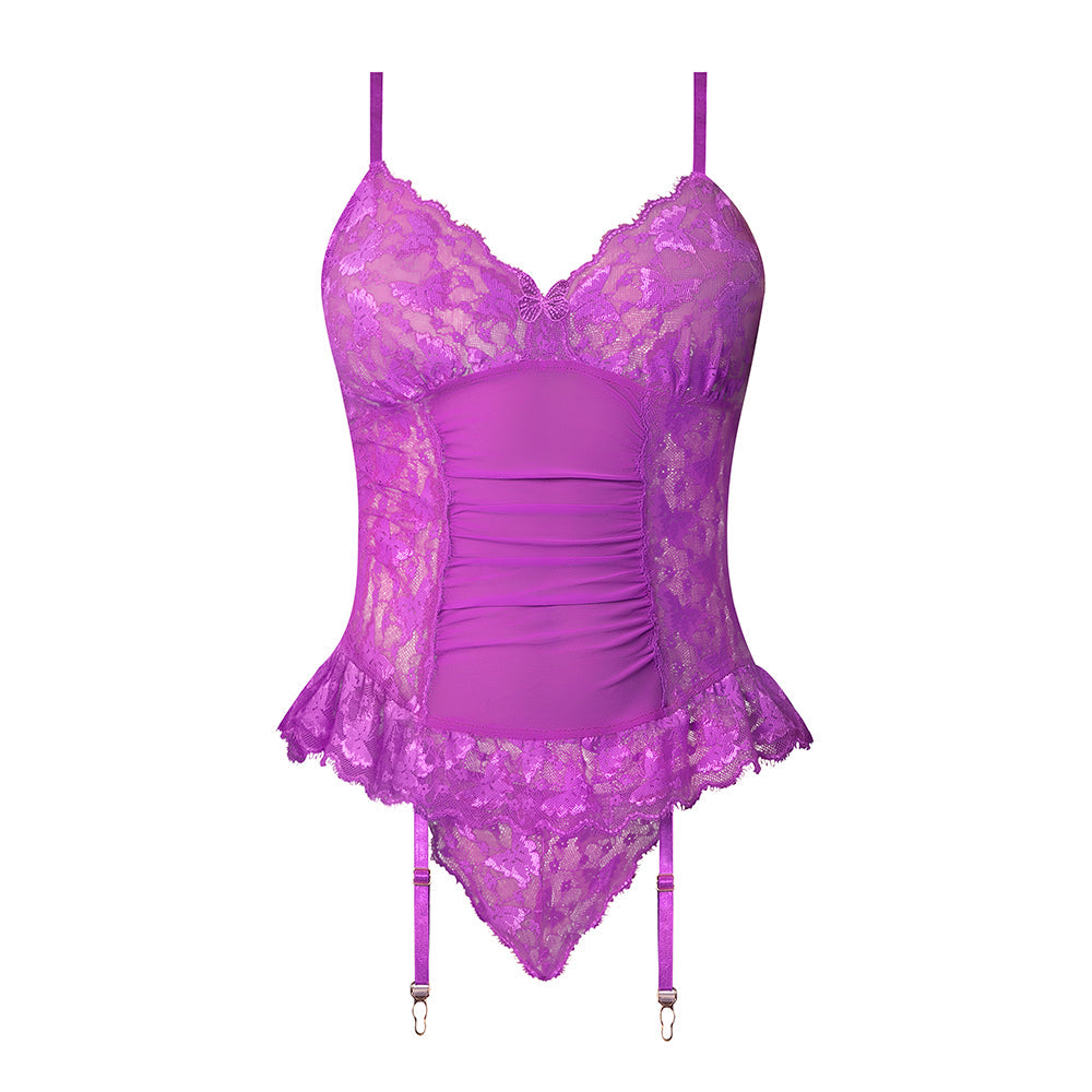 Magic Silk Butterfly Fantasies Basque & Cheeky Panty Set Neon Purple Queen Size