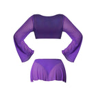 Magic Silk Glimmer LS Crop Top, Mini Skirt & Tie Side Thong Purple Disco L/XL