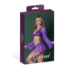 Magic Silk Glimmer LS Crop Top, Mini Skirt & Tie Side Thong Purple Disco L/XL