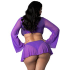 Magic Silk Glimmer LS Crop Top, Mini Skirt & Tie Side Thong Purple Disco Queen Size