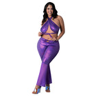 Magic Silk Glimmer Wrap Halter & Flair Pant Set Purple Disco Queen Size