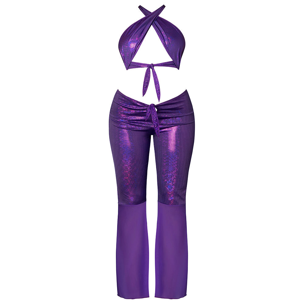 Magic Silk Glimmer Wrap Halter & Flair Pant Set Purple Disco Queen Size