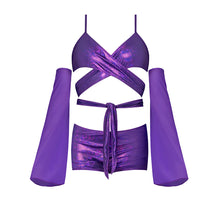 Magic Silk Glimmer Wrap Bralette, Booty Shorts & Sleeve Set Purple Disco Queen Size