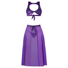 Magic Silk Glimmer High Neck Crop Top, Flowy Skirt & Tanga Set Purple Disco S/M