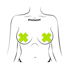 Pastease Plus X: Glow-in-the-Dark Neon Yellow Cross Pasties Nipple Covers