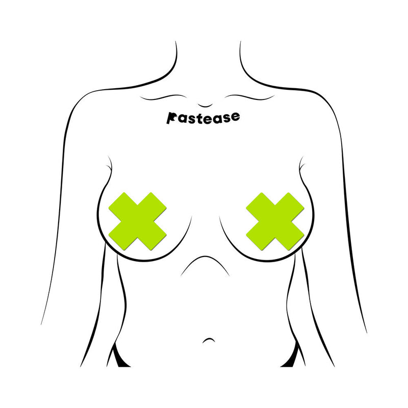 Pastease Plus X: Glow-in-the-Dark Neon Yellow Cross Pasties Nipple Covers