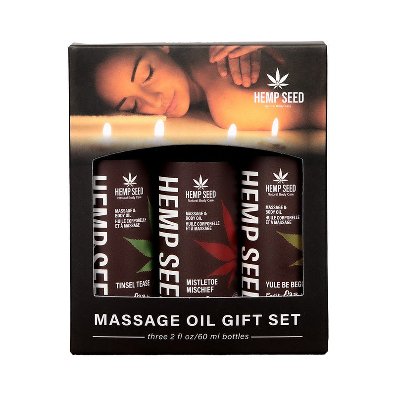 Earthly Body Hemp Seed Holiday Massage Oil Trio Gift Set: Mistletoe Mischief, Tinsel Tease, Yule Be Begging