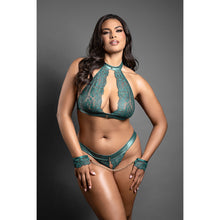 Fantasy Lingerie Domina Keyhole Halter Bralette & Open Panty with Detachable Chain-Link Cuffs Pine Green Queen Size